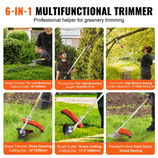 6 In 1 Gas Powered Yard Tool Set with Pole Saw Hedge Trimmer Brush Cutter & String Trimmer