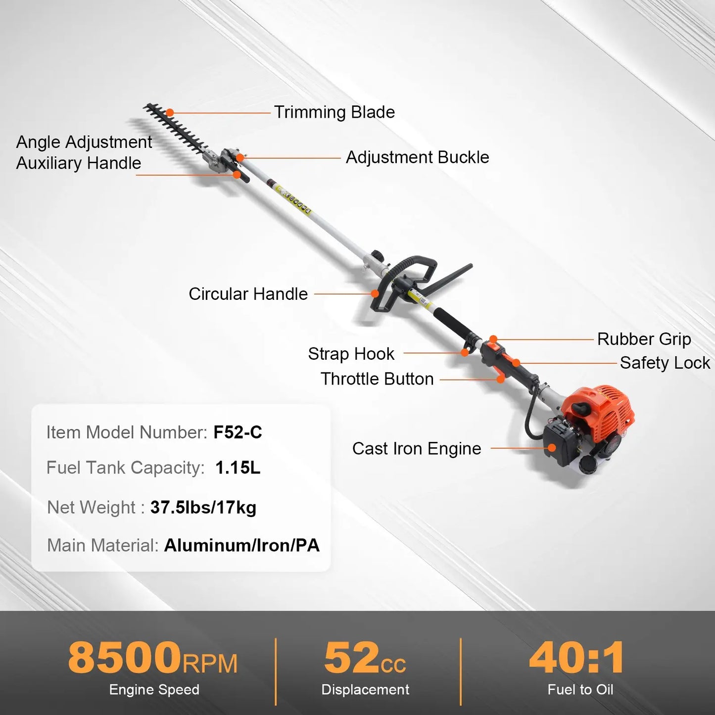 6 In 1 Gas Powered Yard Tool Set with Pole Saw Hedge Trimmer Brush Cutter & String Trimmer