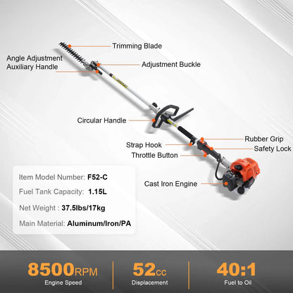 6 In 1 Gas Powered Yard Tool Set with Pole Saw Hedge Trimmer Brush Cutter & String Trimmer