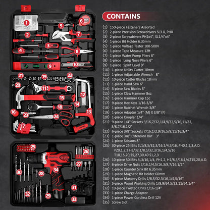 276 Piece Multi Function Tool Set with 12V Cordless Drill Heavy Duty Storage Case & DIY Repair Kit